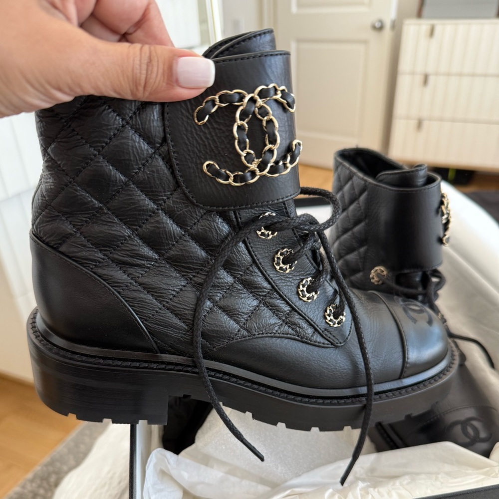 BRAND NEW CHANEL Black Quilted Combat Boots